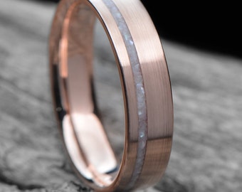 Rose Gold Ring with Pearl Inlay | FREE ENGRAVING | Flat profile | Brushed Finish| 6mm | Unique Wedding Ring |