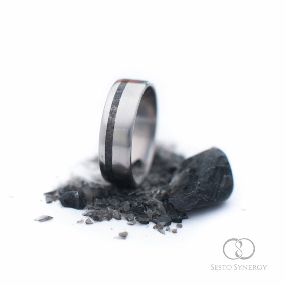 Black Onyx Stone Off Center Inlay Titanium Ring Mineral Etsy