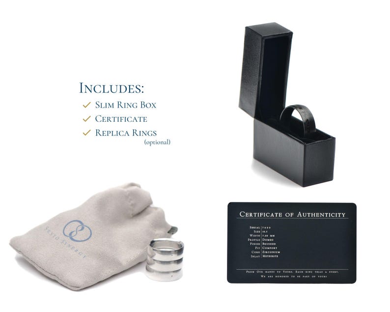 Packaging Included in this order. A slim ring box, certificate of authenticity and optional replica rings if opted in.