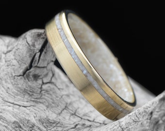 The Commitment | FREE ENGRAVING | Yellow Gold Ring with White Pearl Inlay and Inner Sleeve | 5mm | Wedding Ring | Custom Made For You