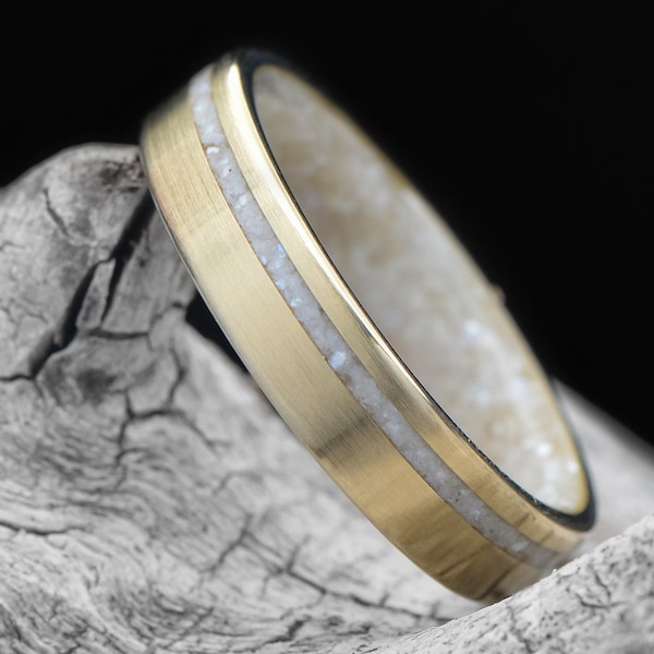 The Commitment | FREE ENGRAVING | Yellow Gold Ring with White Pearl Inlay and Inner Sleeve | 5mm | Wedding Ring | Custom Made For You