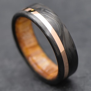 The Horizon | FREE ENGRAVING | Forged Carbon Fiber Ring with 14k Rose Gold Inlay and Silver Spalted Birch Inner Sleeve | 6mm | Wedding Ring