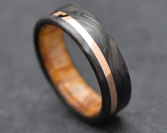 The Horizon | FREE ENGRAVING | Forged Carbon Fiber Ring with 14k Rose Gold Inlay and Silver Spalted Birch Inner Sleeve | 6mm | Wedding Ring