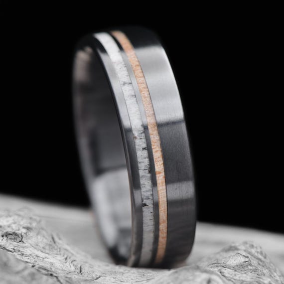 Black Titanium Wedding Band with Deer Antler & Bird's Eye Maple Inlays | FREE ENGRAVING | 7mm | Men's Wedding Ring | Polished Flat Profile