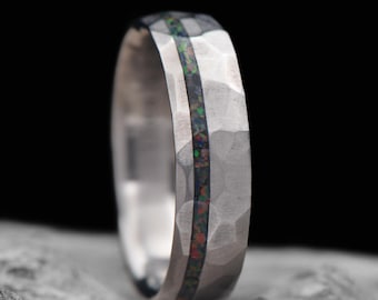 Titanium Wedding Band with Black Fire Opal Inlay | FREE ENGRAVING | 6mm | Men's Faceted Domed Ring | Unique Custom Men's Ring