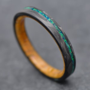 The Horizon | FREE ENGRAVING | Forged Carbon Fiber Ring with Black Emerald Opal Inlay and  Wood Inner Sleeve | 4mm | Men&#39;s Wedding Band