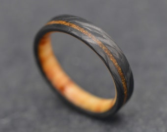 The Horizon | FREE ENGRAVING | Forged Carbon Fiber Ring with Tiger's Eye Inlay and Silver Spalted Birch Inner Sleeve | 5mm | Wedding Ring