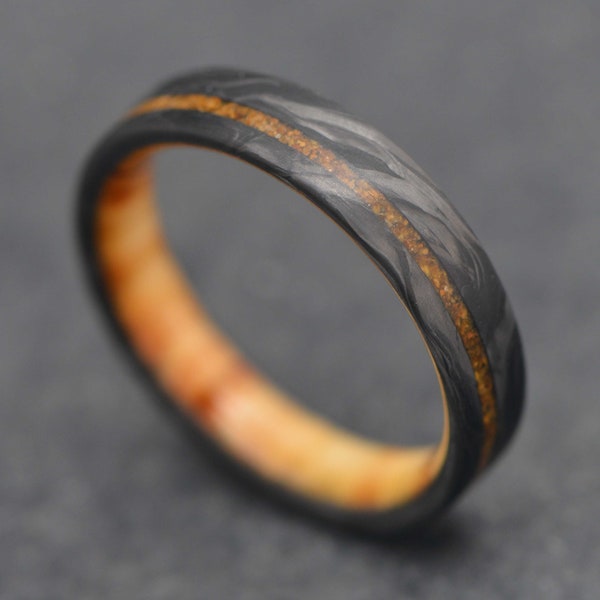 The Horizon | FREE ENGRAVING | Forged Carbon Fiber Ring with Tiger's Eye Inlay and Silver Spalted Birch Inner Sleeve | 5mm | Wedding Ring