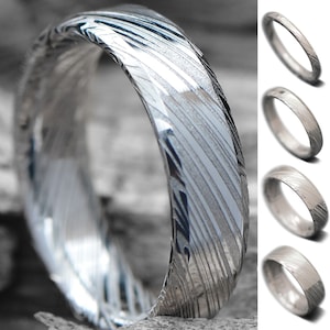 Stainless Steel Damascus Ring | FREE ENGRAVING | Bevel Profile | Men's and Woman Wedding Band | Unique Wedding Ring | 2-4-6-8mm Band