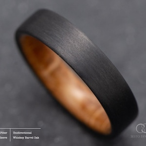 Unidirectional Carbon Fiber Ring with Whiskey Barrel Oak Inner Sleeve, Classic Design, Wedding Band, Engagement Ring,