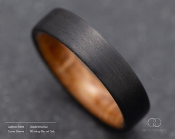 Unidirectional Carbon Fiber Ring with Whiskey Barrel Oak Inner Sleeve, Classic Design, Wedding Band, Engagement Ring,