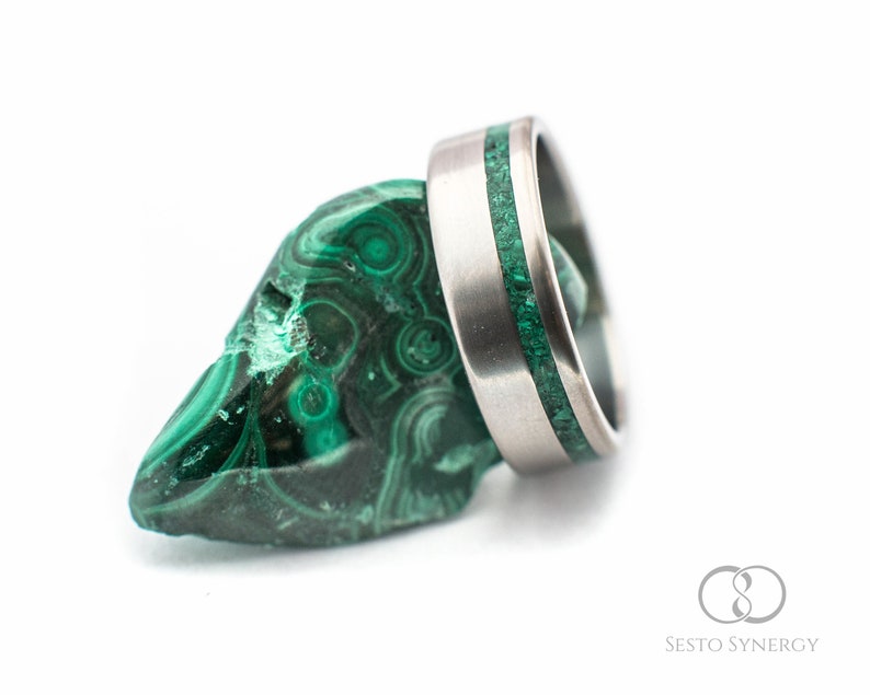 For Men And Women Wedding And Engagement Ring Titanium Ring With Malachite Mineral Stone Inlay Custom Made.