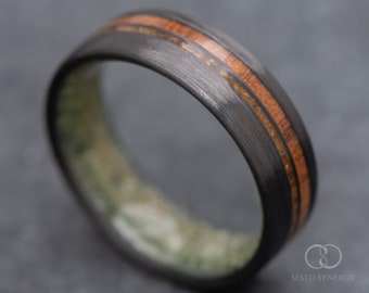 The Innovator | FREE ENGRAVING | Carbon Fiber Ring with Tiger's Eye and Walnut Inlays and Jade Inner Sleeve | 7mm | Wedding Ring | Custom