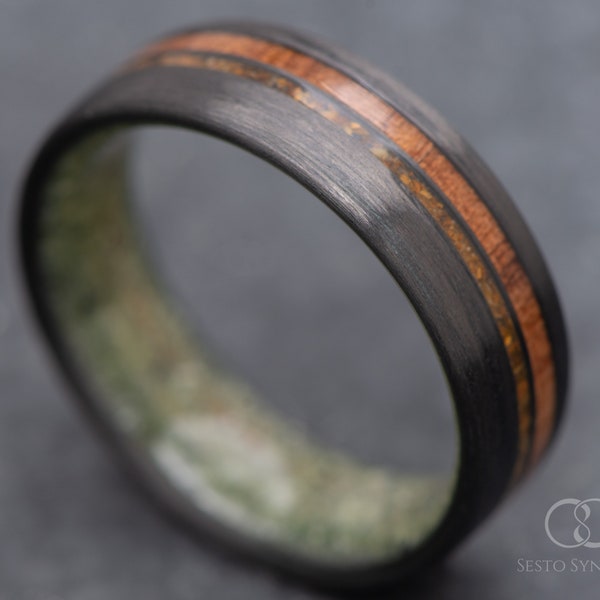 The Innovator | FREE ENGRAVING | Carbon Fiber Ring with Tiger's Eye and Walnut Inlays and Jade Inner Sleeve | 7mm | Wedding Ring | Custom