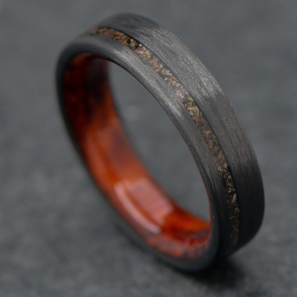 The Vertex | FREE ENGRAVING | Unidirectional Carbon Fiber Ring with T-Rex Inlay and Amboyna Wood Inner Sleeve | 5mm | Wedding Ring | Custom