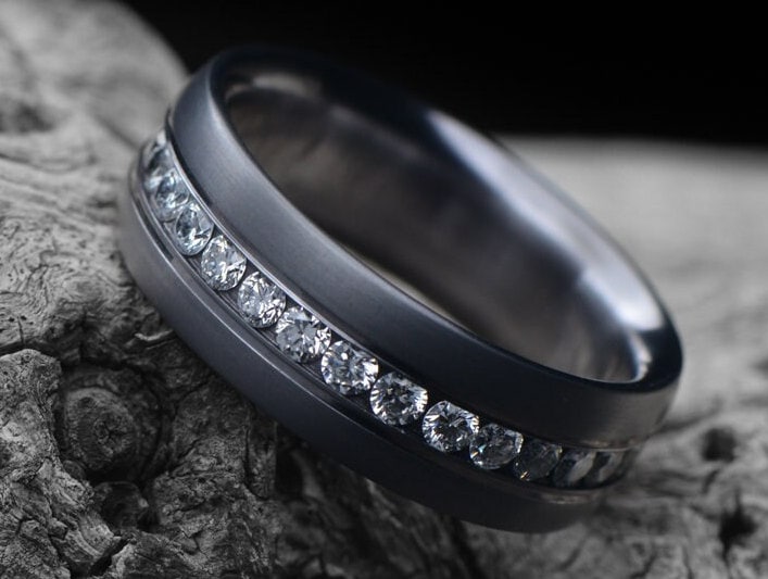 Black Men's Diamond Wedding Band with 1.25 Carat Diamonds Black Zirconium Ring | FREE ENGRAVING | 8 mm | Titanium ad Tantalum Ring