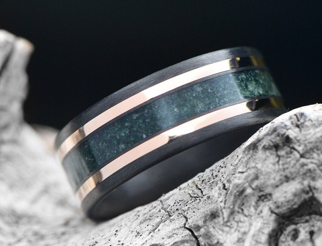Moss Agate Inlay | FREE ENGRAVING | Carbon Fiber Ring With 14k Rose ...