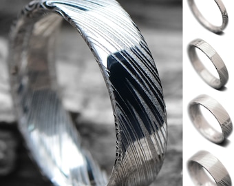 Anillo de Damasco de acero inoxidable / Grabado gratuito / Perfil plano / Alianza de boda para hombre y mujer / Anillo de boda único / Anillo de 2, 4, 6 y 8 mm