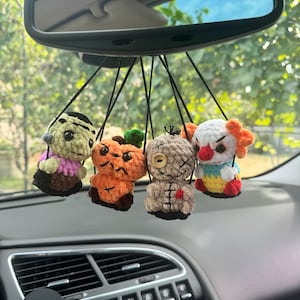 Halloween car charms rear view mirror Voodoo pumpkin clown frankenstein, crochet car mirror hanger, Halloween decor accessory