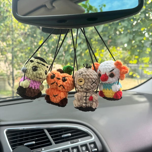 Halloween car charms rear view mirror Voodoo pumpkin clown frankenstein, crochet car mirror hanger, Halloween decor accessory