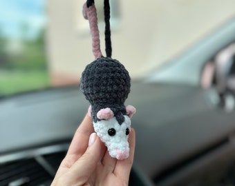 Car charms opossum rear view mirror hanger Crochet possum bag charm, prank toy, car decor accessory, first car gift