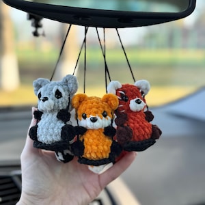 Car charms rear view mirror, crochet car mirror hanger fox raccoon red panda, first car gift
