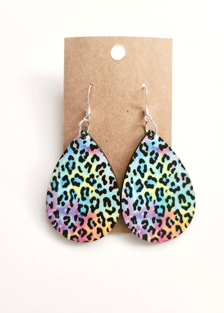 Leopard Print Teardrop Metal Earrings ~ Animal Kingdom Earrings~ Heart /& Leopard Print Drop Earrings ~