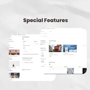 Puede incluir: Captura de pantalla de un sitio web con un fondo gris claro y una interfaz blanca. El sitio web presenta una barra de men&uacute; con las palabras "Caracter&iacute;sticas especiales" en texto marr&oacute;n. El sitio web tiene varias secciones, que incluyen "Planificaci&oacute;n de comidas", "Navegaci&oacute;n", "Planificaci&oacute;n de viajes", "Lista de deseos", "Seguimiento de h&aacute;bitos semanales" y "Seguimiento de libros".
