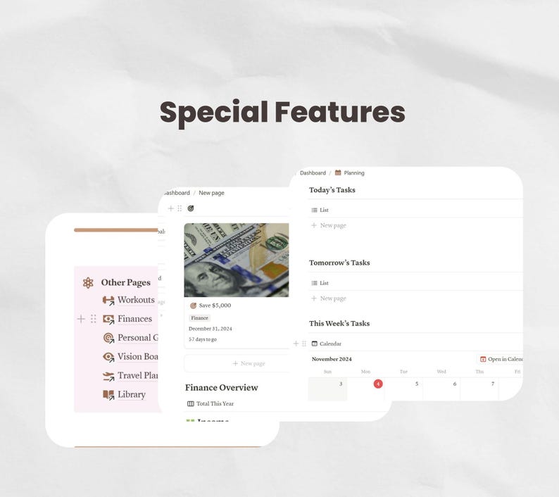 Puede incluir: Una captura de pantalla de una aplicaci&oacute;n de planificaci&oacute;n digital con un fondo gris claro. La aplicaci&oacute;n tiene una barra lateral con iconos para diferentes categor&iacute;as, incluyendo "Otras p&aacute;ginas", "Entrenamientos", "Finanzas", "Cuidado personal", "Tablero de visi&oacute;n", "Planes de viaje" y "Biblioteca". La secci&oacute;n principal de la aplicaci&oacute;n muestra un calendario con el mes de noviembre de 2024. La aplicaci&oacute;n tambi&eacute;n tiene secciones para "Tareas de hoy", "Tareas de ma&ntilde;ana" y "Tareas de esta semana".
