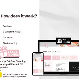 Puede incluir: Un planificador digital rosa y blanco con el texto "ADHD Girlie Life Planner" y "Made for Notion" en la pantalla de una computadora port&aacute;til. El planificador incluye secciones para "Main Pages", "Meal Planning", "Financial Goals", "Notes" y "Other".