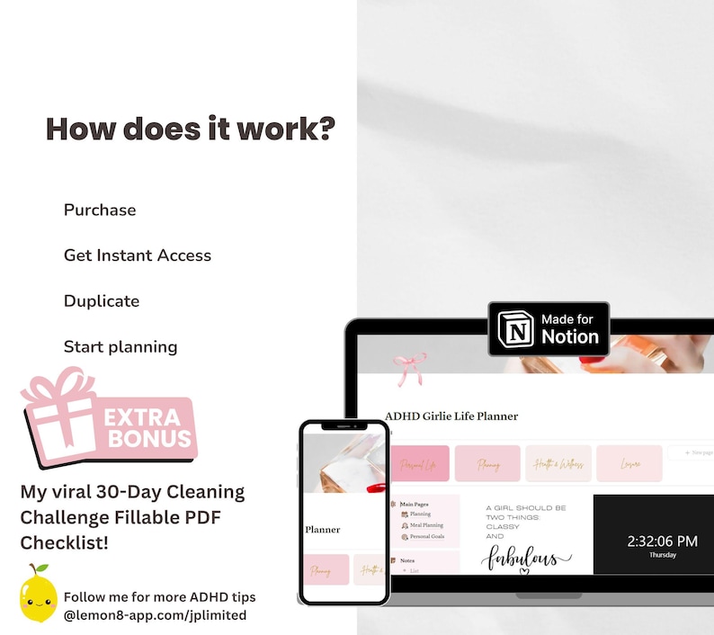 Puede incluir: Un planificador digital rosa y blanco con el texto "ADHD Girlie Life Planner" y "Made for Notion" en la pantalla de una computadora port&aacute;til. El planificador incluye secciones para "Main Pages", "Meal Planning", "Financial Goals", "Notes" y "Other".