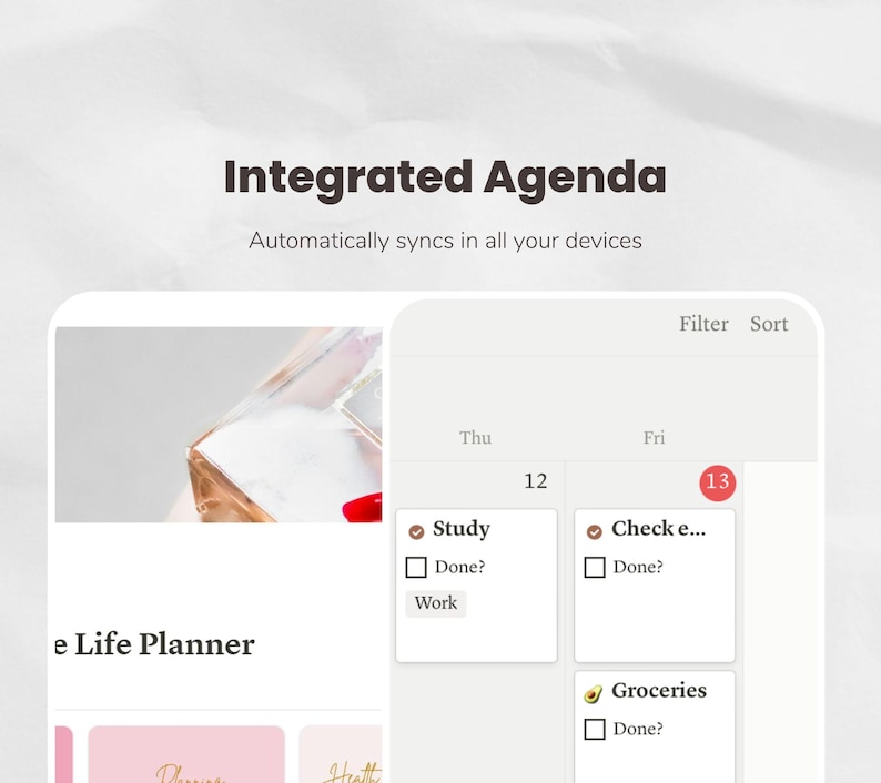 Puede incluir: Una captura de pantalla de una aplicaci&oacute;n m&oacute;vil con un fondo rosa claro y el texto "e Life Planner" en negro. La aplicaci&oacute;n tiene una vista de calendario con una lista de tareas para el jueves y el viernes. Las tareas incluyen "Estudiar", "Comprobar e..." y "Comprar". Cada tarea tiene una casilla de verificaci&oacute;n y un peque&ntilde;o icono al lado.