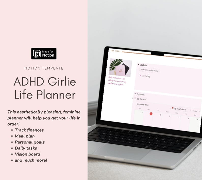 Puede incluir: Una pantalla de computadora port&aacute;til que muestra una plantilla Notion rosa y blanca para un planificador de vida para TDAH. La plantilla incluye secciones para h&aacute;bitos, agenda y un calendario. El texto en la pantalla dice "H&aacute;bitos", "Hoy", "Agenda" y "Calendario".