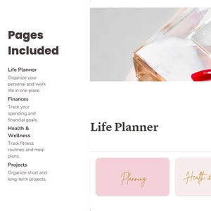Puede incluir: Un planificador rosa y blanco con el texto "Life Planner" y dos secciones etiquetadas como "Planificaci&oacute;n" y "Salud y Bienestar".