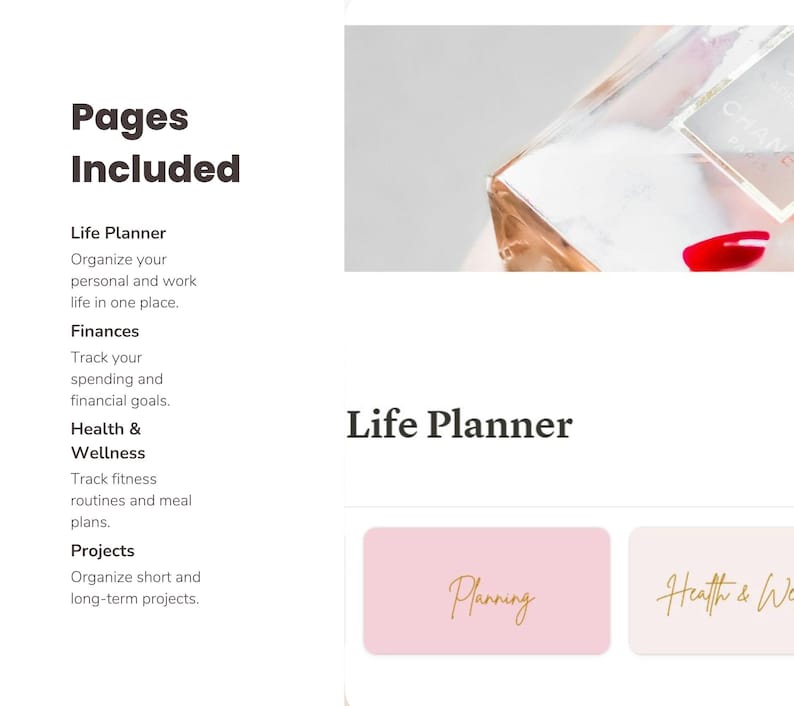 Puede incluir: Un planificador rosa y blanco con el texto "Life Planner" y dos secciones etiquetadas como "Planificaci&oacute;n" y "Salud y Bienestar".