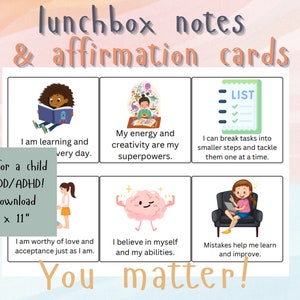 Lunchbox Notizzettel für Kinder | 6 Lunchbox Karten zum Ausdrucken | Mittagessen | Positive Affirmation Hinweiskarten für ADD / ADHD Kid | Motivierende Nachricht