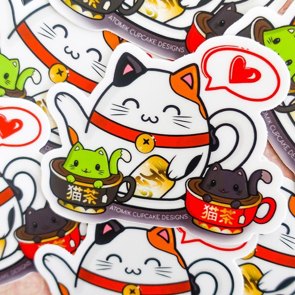 Kawaii Tea Party Vinyl Sticker (3 Inches) | Japanese Tea Ceremony, Maneki Neko Kittea Sticker