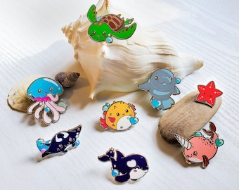 Ocean Pals Enamel Pin Series Full Box Set | Manatee, Jellyfish, Manta Ray, Sea Turtle, Narwhal, Orca Whale, Puffer Fish, Sea Star Pins