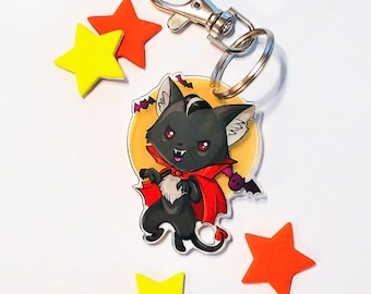 Halloween Vampyr Katt Nyckelring | Kawaii 5 cm Klar Akryl Nyckelring (Dubbelsidig)