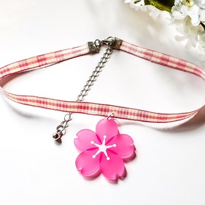 Kawaii Sakura (Cherry Blossom) Acrylic Charm Pink Plaid Choker Necklace