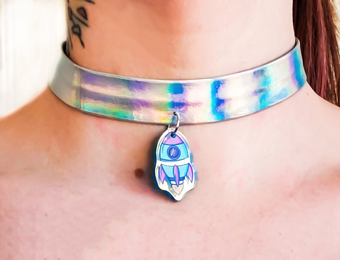 Holographic Retro / Cyber Goth Rocketship Choker Necklace | Etsy
