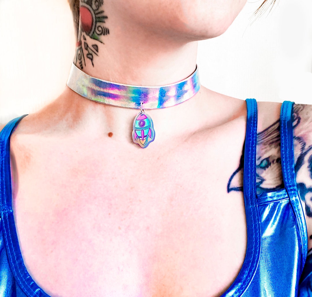 Holographic Retro / Cyber Goth Rocketship Choker Necklace | Faux ...