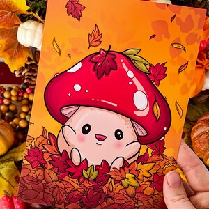 Autumn Mushroom 5x7 Inch Wall Art Print | Kawaii Cottagecore Autumn Leaves Mushroom Art