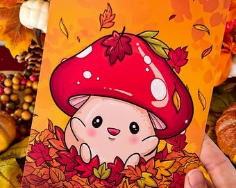 Impresión de arte de pared de 5 x 7 pulgadas con hongos otoñales / Arte de hongos con hojas otoñales Kawaii Cottagecore