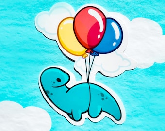 Cute Dino Balloon Adventure Sparkle Sticker | Kawaii Dinosaur 3 Inch Vinyl Sticker