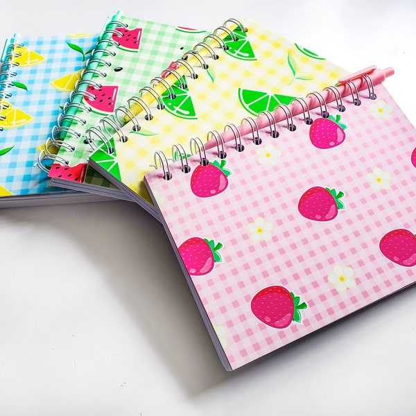 Kawaii Fruity Spiral Notebooks with Pen | 5x7 Inch Wire Bound Gingham Notebook | Strawberry, Lime, Watermelon, Lemon