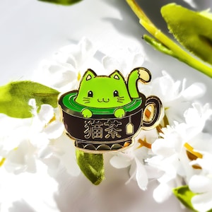 Kawaii Matcha Tea Kitty Enamel Pin | Kittea Ceremony 1.25 Inch Green Teacup Japanese Inspired Pin