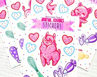 May include: A set of colorful animal cookie stickers with a pink llama, elephant, and pig. The stickers are on white sheets with pink and white banners that say "Animal Cookies Stickers". The stickers are made with love and include a rolling pin, a whisk, and a piping bag.
