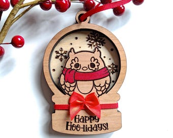 Adorno navideño de búho de madera hecho a mano / Adorno navideño personalizado de madera cortada con láser de 4 pulgadas
