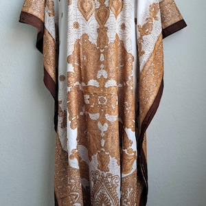 Free Flowing Unique Print Mumu Dress/Caftan– Medium/Large/XL/2XL - Light Brown-white)
